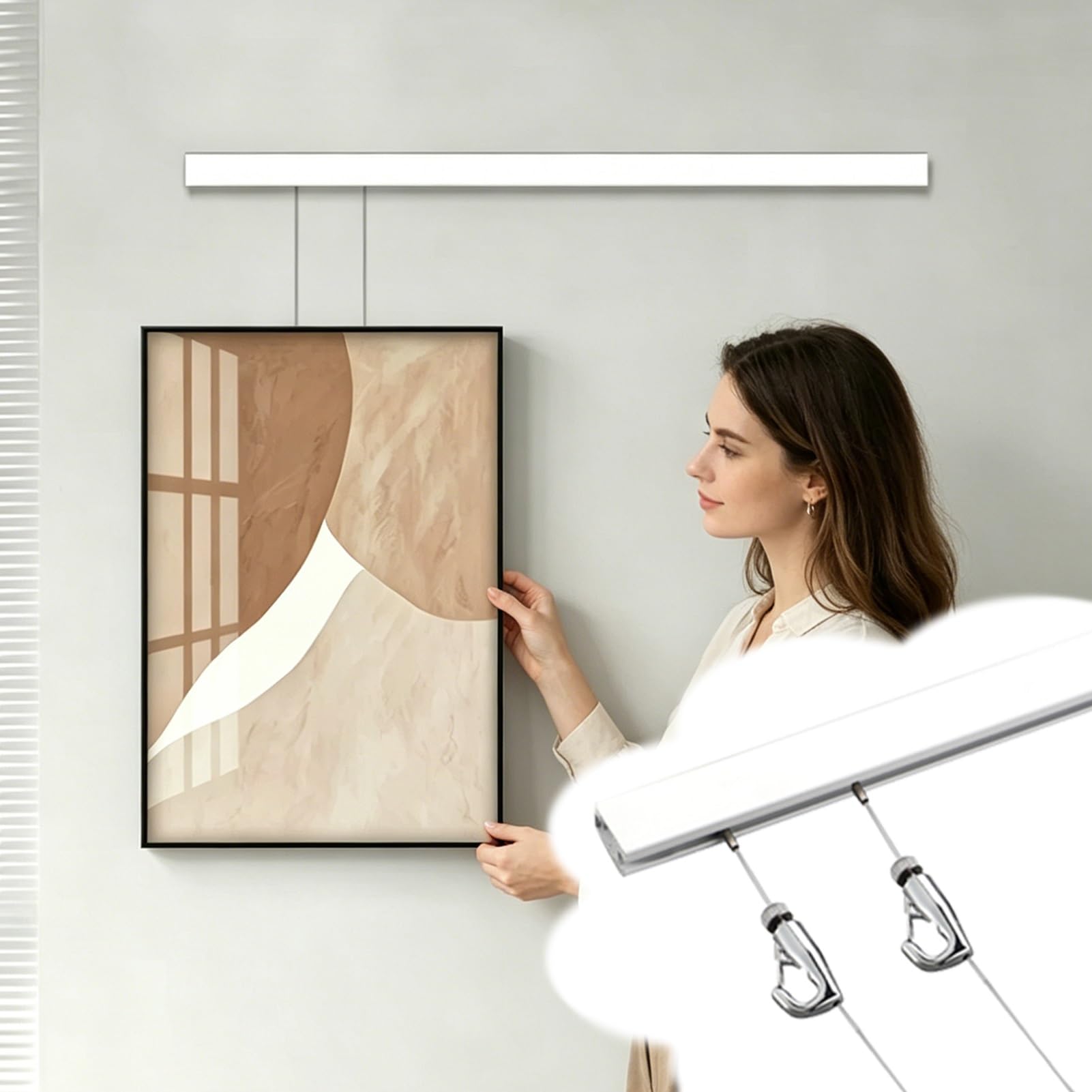 Cimaise pour Tableau Kit de Suspension Murale Mobile pour Décoration Intérieure, Système de Suspension Plusieurs Cadres Photo/Miroirs/Tableaux(1.6'/0.5m Cable,75"/190cm Track)