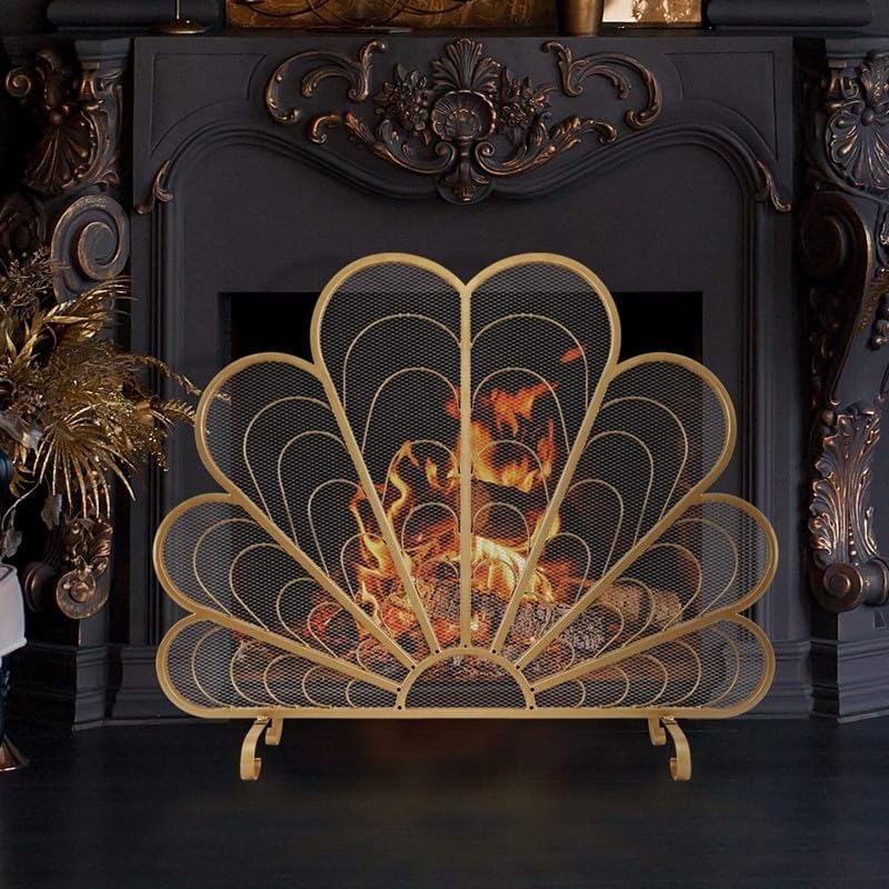 Fireplace Screen Free-Standing Iron Fireplace Screen with Carved Peacock Design, Decorative Hollow Art Divider and Stove Guard Fireplace Accessories(Black)