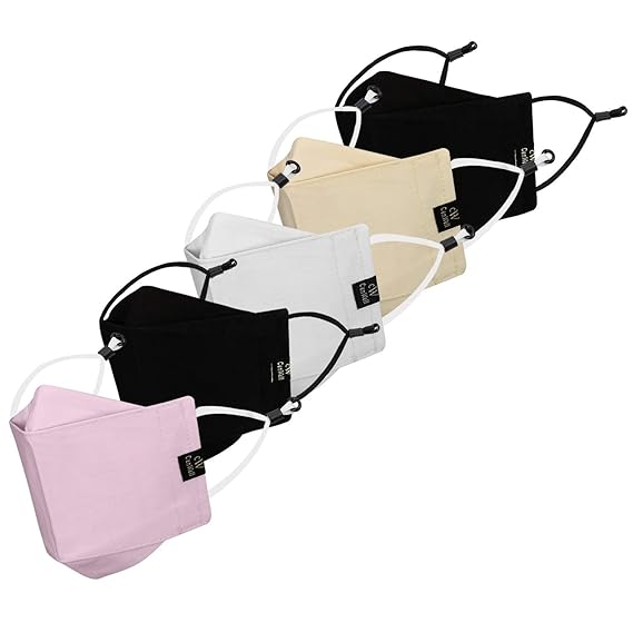 CENWELL  Pure Cotton Washable Reusable & Breathable Fabric 3D Cloth Face Mask with Adjustable Ear Loop & Free Ear Saver Strap and Without Valve for Men & Women (Pack of 5)