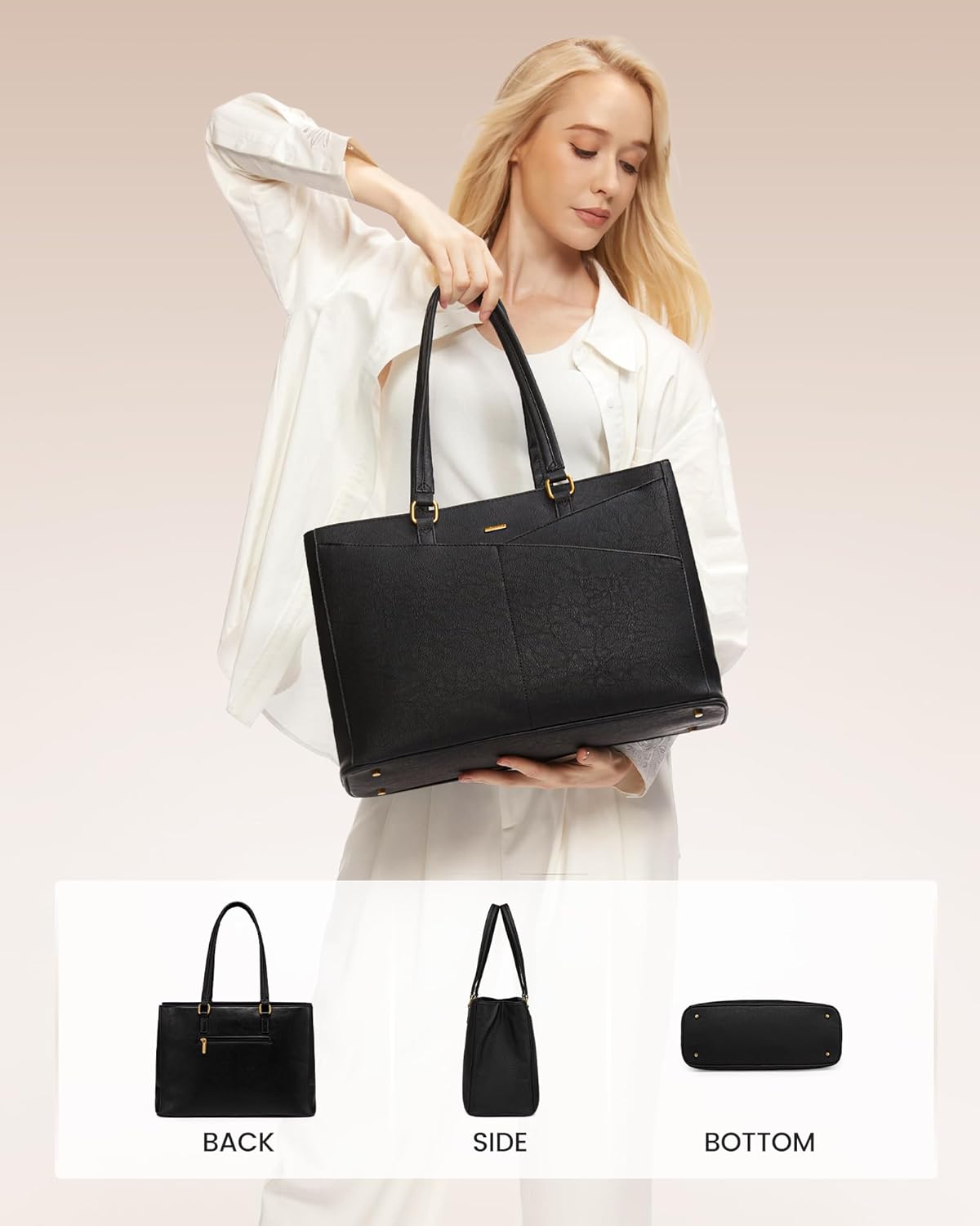 LOVEVOOK Vintage Leather Work Tote - 17.3 Inch Laptop Bag for Women, Waterproof Business Bag, Retro Black - Image 6