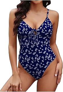 One Piece Swimsuit for Women Print Tie Around Criss Cross Backless V Neck Bathing Suit Tummy Control Sexy Bathing Set