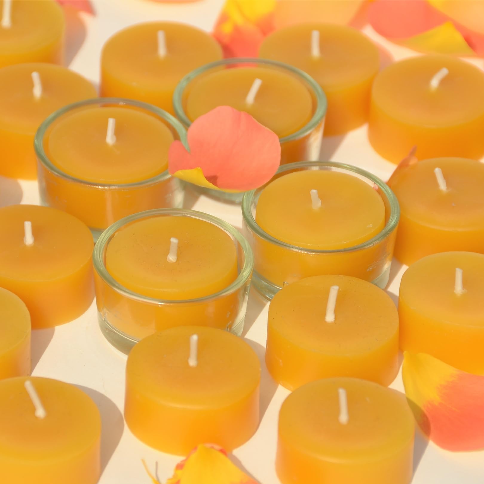 10 BOUGIES CHAUFFE-PLAT 100% CIRE D'ABEILLE + 4 VERRES - bougies en cire d'abeille bougies bio bougies chauffe-plat premium bougies naturelles - pure cire d' abeille et coton bio - lot de 10