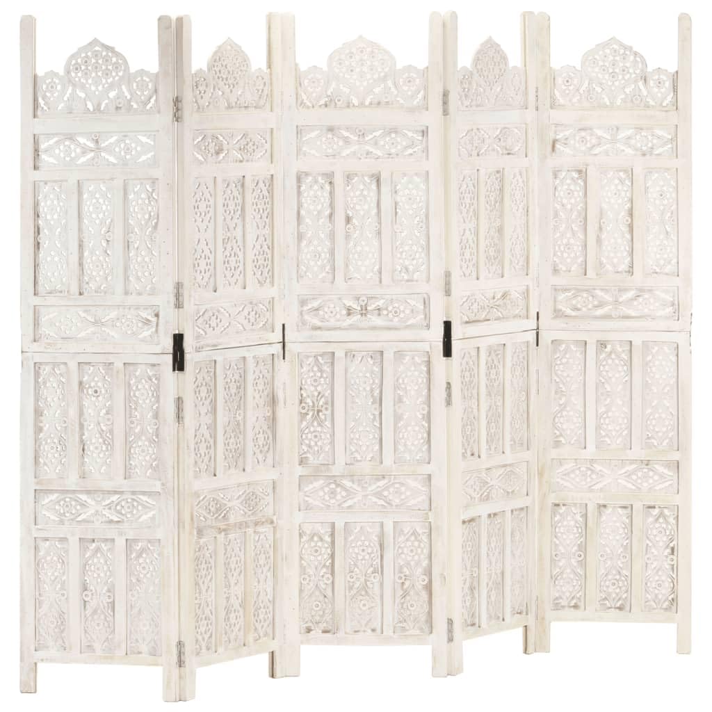 vidaXL Solid Mango Wood Hand carved 5-Panel Room Divider Room Partition Paravent Privacy Screen Classic Style Decoration Home White 200x165cm