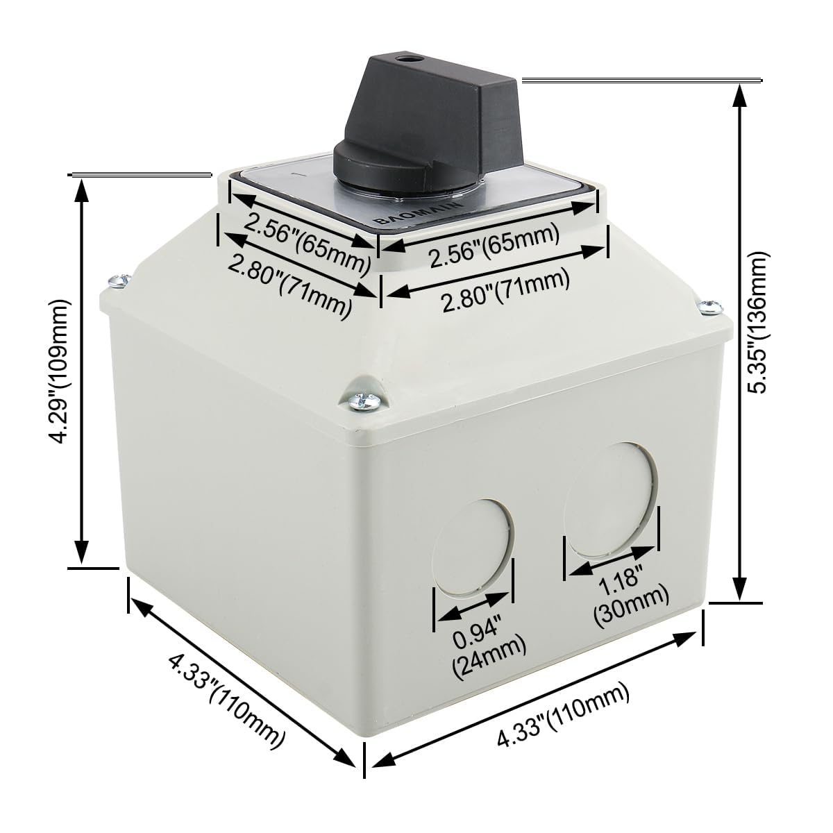 BAOMAIN 30A-32A Universal Rotary Changeover Switch SZW26-32/D202.2D 3-Positions (1-0-2) Two rotors Box Version for Motor Control, Generator Transfer & Power Selection