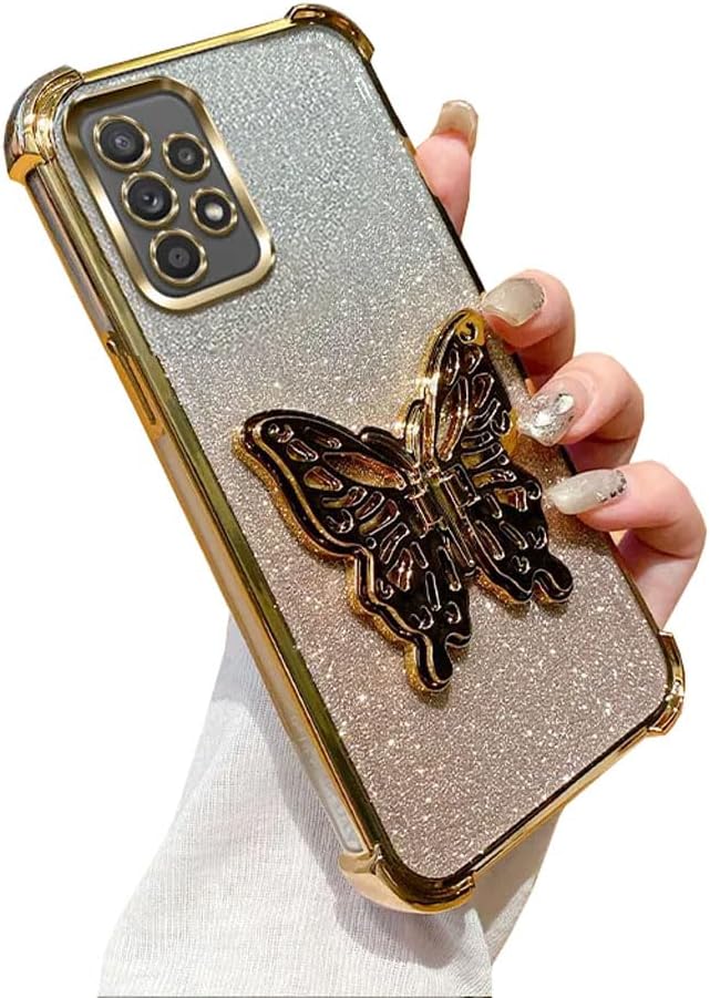 Doowear Galaxy A53 5G Case for Women Girls Glitter Shiny Sparkly Cute Plated Butterfly Kickstand Holder Camera Lens Protector Slim Thin Shockproof Phone Cover Case for Samsung Galaxy A53 5G-Gold