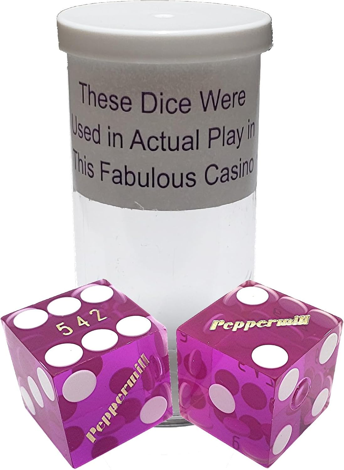 Authentic Nevada Craps Dice - Wide Selection Casino Table-Played Dice Pairs from Lake Tahoe, Reno & Other Nevada Destinations (Non-Matching, Reno Peppermill - Purple Polished No Reno Lettering)