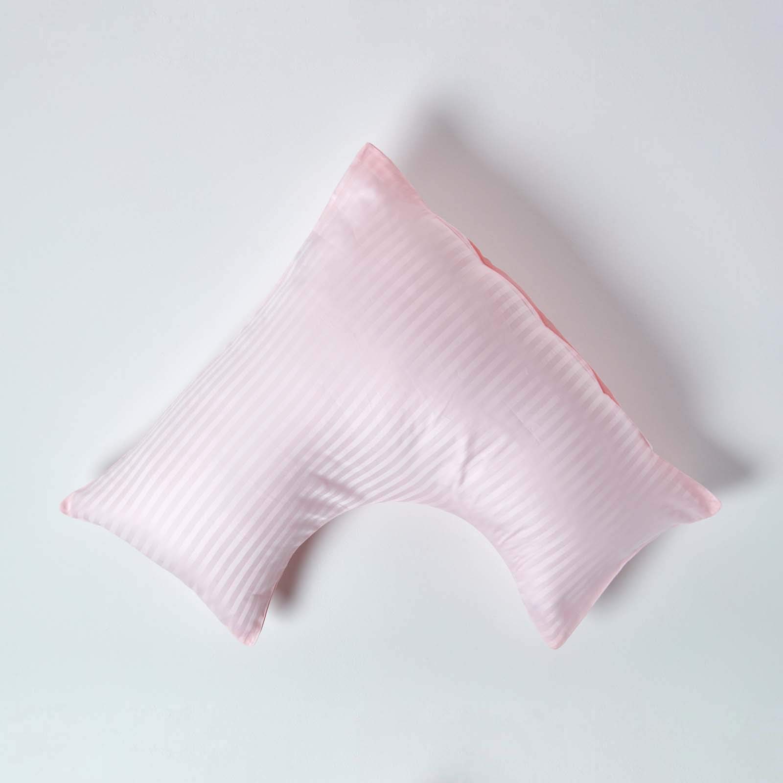 Homescapes Pink Pure Egyptian Cotton V-Shape Pillowcase 330 Tc 500 Thread Count Percale Equivalent Satin Stripe Pillow Case For Nursing Pregnancy And Elderly
