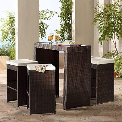 Virasat Patio Counter Height Dining Square Table and Chair, Wicker Bistro Patio Sets with 4 Bar Stool and Cushions, Outdoor Furniture Conversation Set for Backyard Porch Poolside Garden
