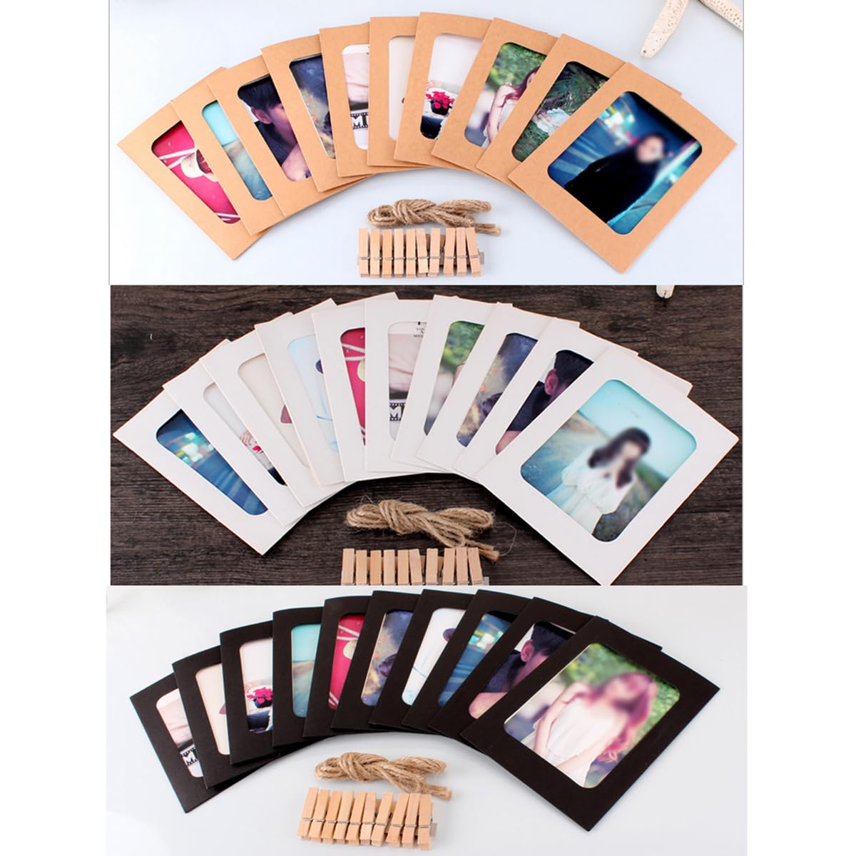 Janlaugh 100-Piece DIY Photo Frame Kit - 4x6 Inch Paper Frames, 100 Wooden Clips & 10 Hemp Strings For Wall Display