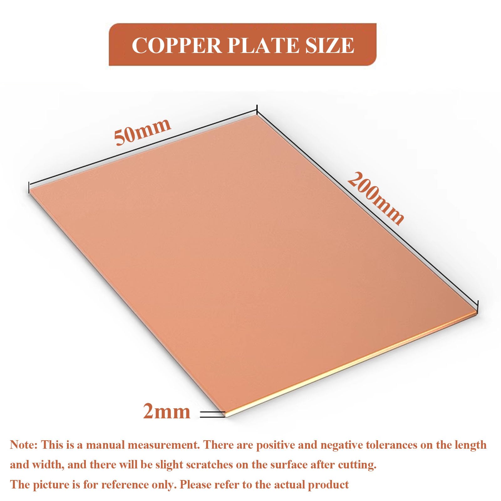 WSYCWG Pure Copper Sheet Plate 50×50-100×100Mm, Copper Thin Sheet Thickness 2Mm for Industry Supply, DIY Projects, Experiments,2×50×200mm