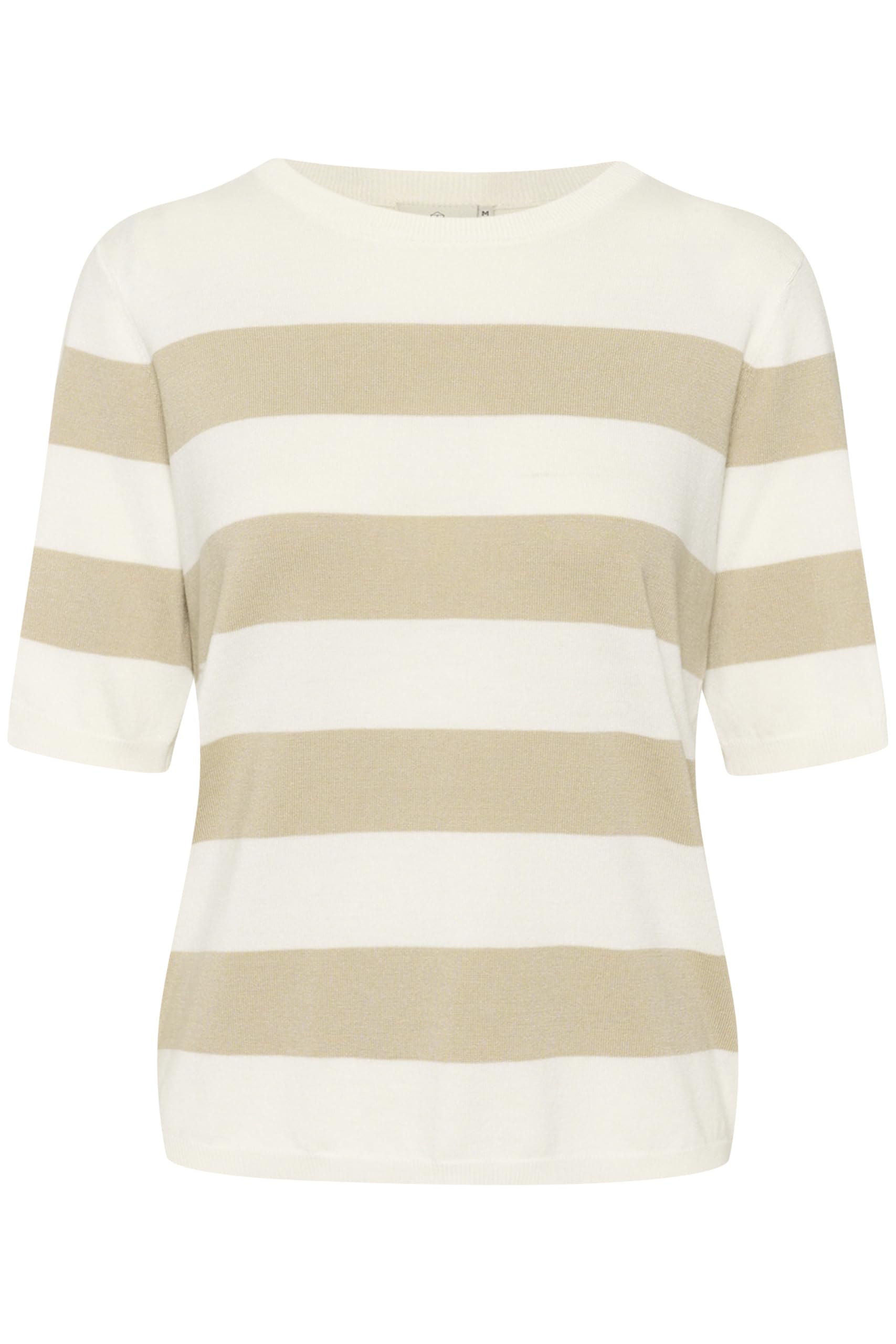 KAFFE Women's Pullover Crew Neck Short Sleeves Regular Fit Horizontal Sweater, Chalk/Feather Grey Bold Stripe, L
