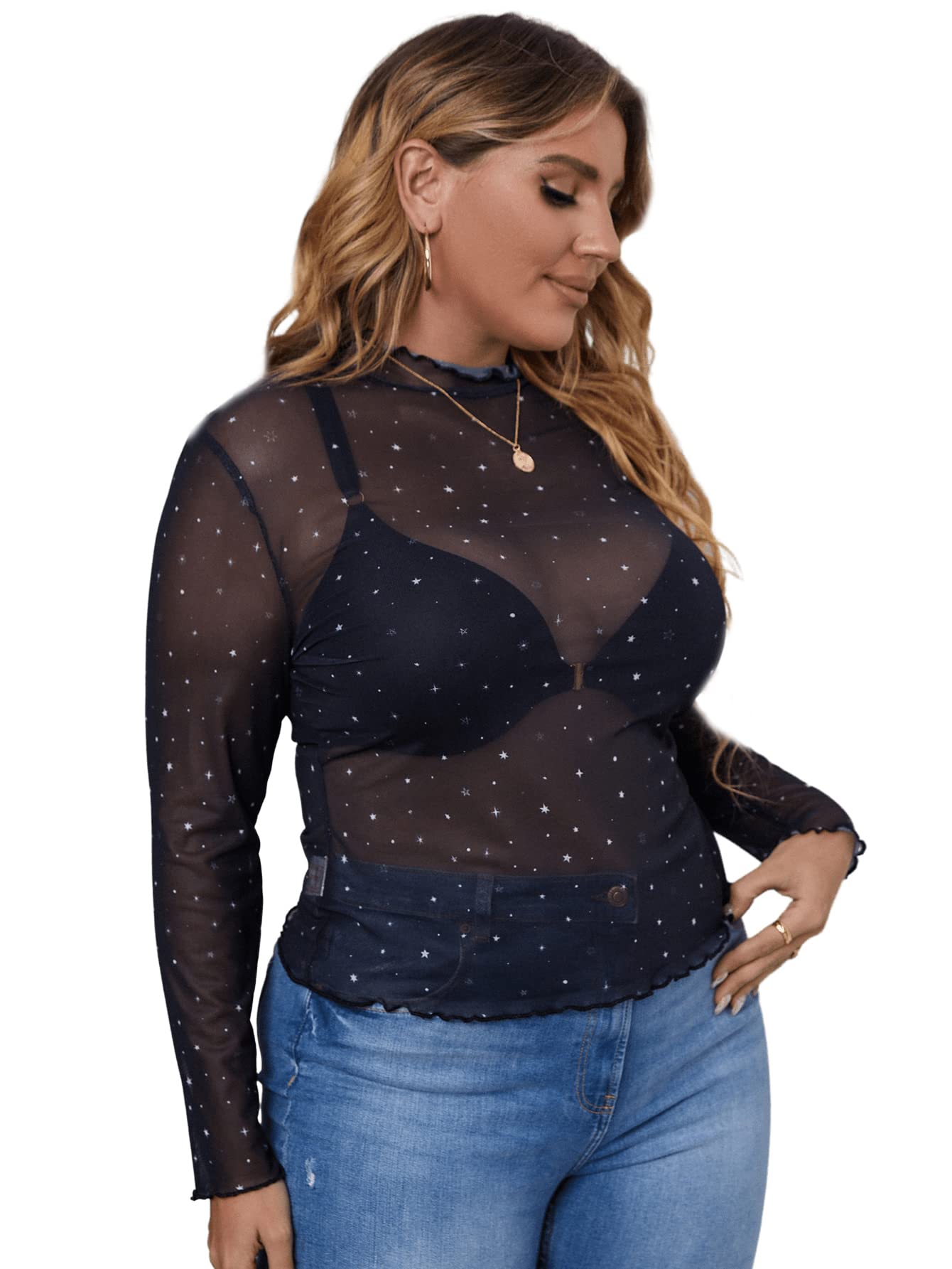 FloernsWomen's Plus Size Floral Print Mock Neck Sheer Mesh Tee Shirts Top