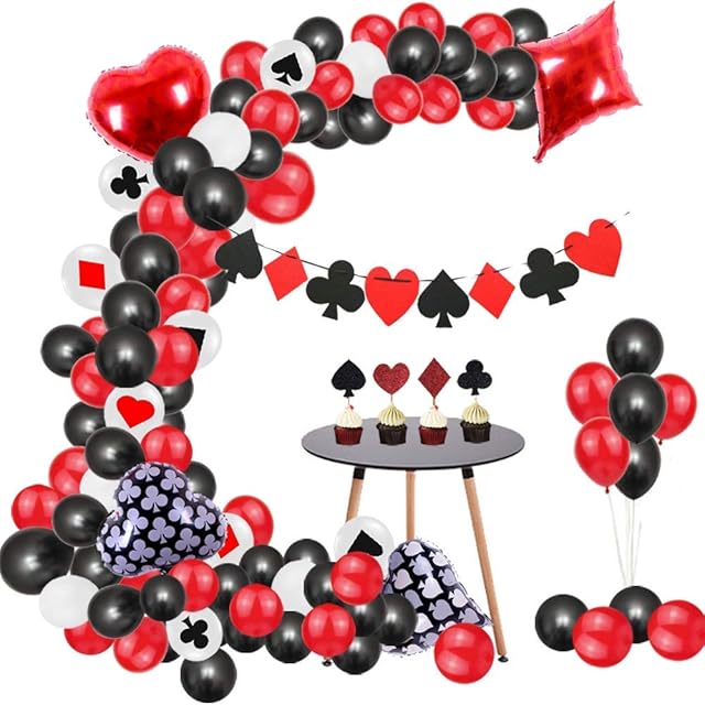 Casino Party Decorations Set of 95 Casino Night Balloons Casino Night Banner Poker Night Banner Game Night Banner Red Black and White Latex balloons 4 Casino Mylar Balloons Las Vegas Theme