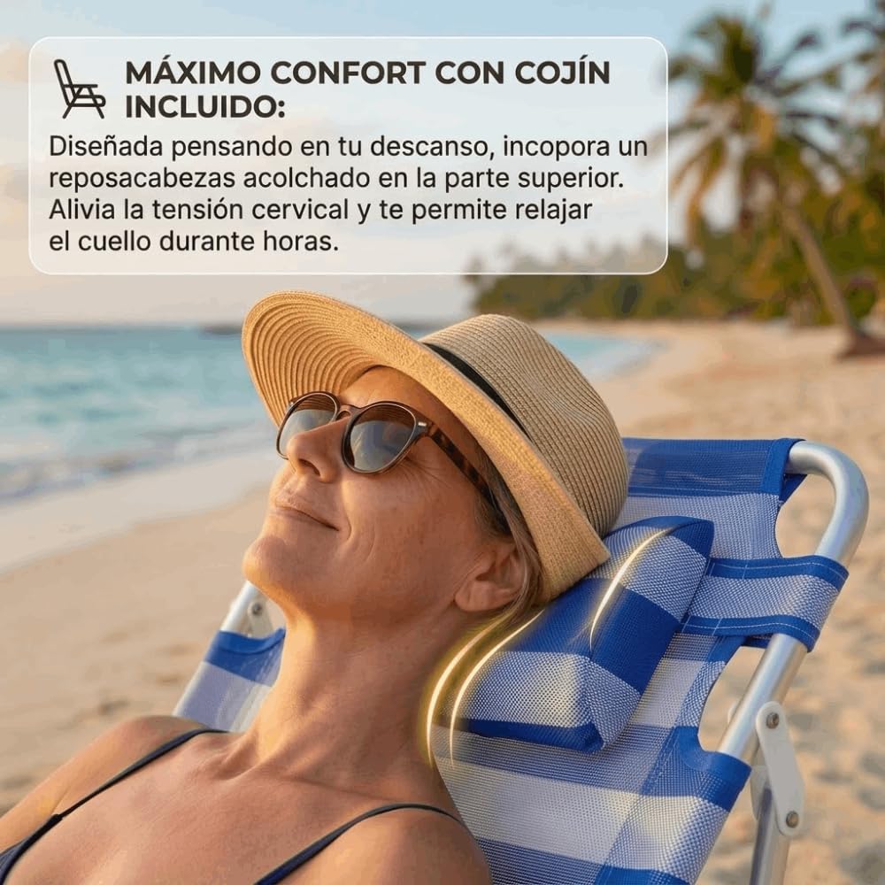 DEVESSPORT Silla de Playa Plegable y Reclinable multiposición, Estructura de Aluminio Ligera (2 kg), Tipo Bolso con Asas, Cojín Reposacabezas, Tela Textileno Transpirable a Rayas (60x50x82 cm)