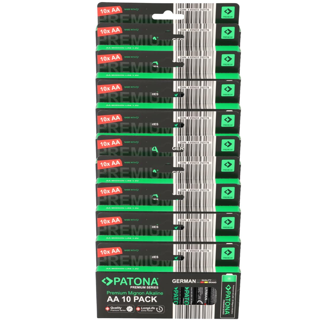 PATONA Lot de 100 piles alcalines AA LR06 de qualité supérieure - 1,5 V - 3000 mAh - Autonomie extra longue - Pas de fuite - Ajustement parfait - Stockage pendant 10 ans, peu de décharge - Qualité