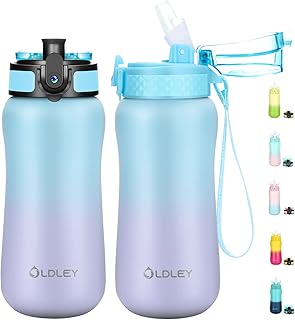12 oz Insulated Kids Water Bottle with Straw/Chug/2 One-Click-Open Lids 10 Stickers Fruit Strainer Stainless Steel Water Bottles Double Wall Vacuum Wide Mouth BPA Free Sweat & Leak-Proof for School