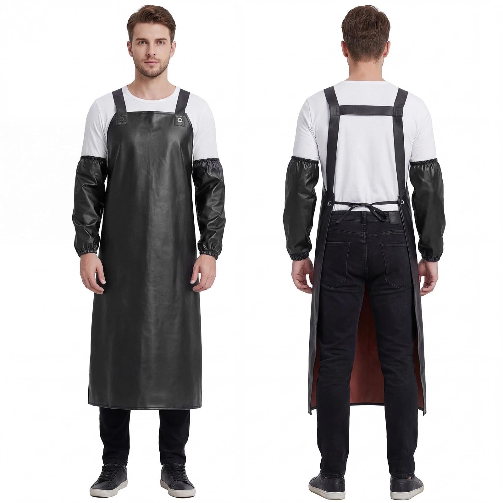 Eulihent 43" Waterproof Apron with Arm Sleeve Heavy Duty Work Apron Chemical Acid Stain Oil Resistant Apron Butcher Aprons with Adjustable Straps for Men Women Kitchen Chef Pet Shop (Black)