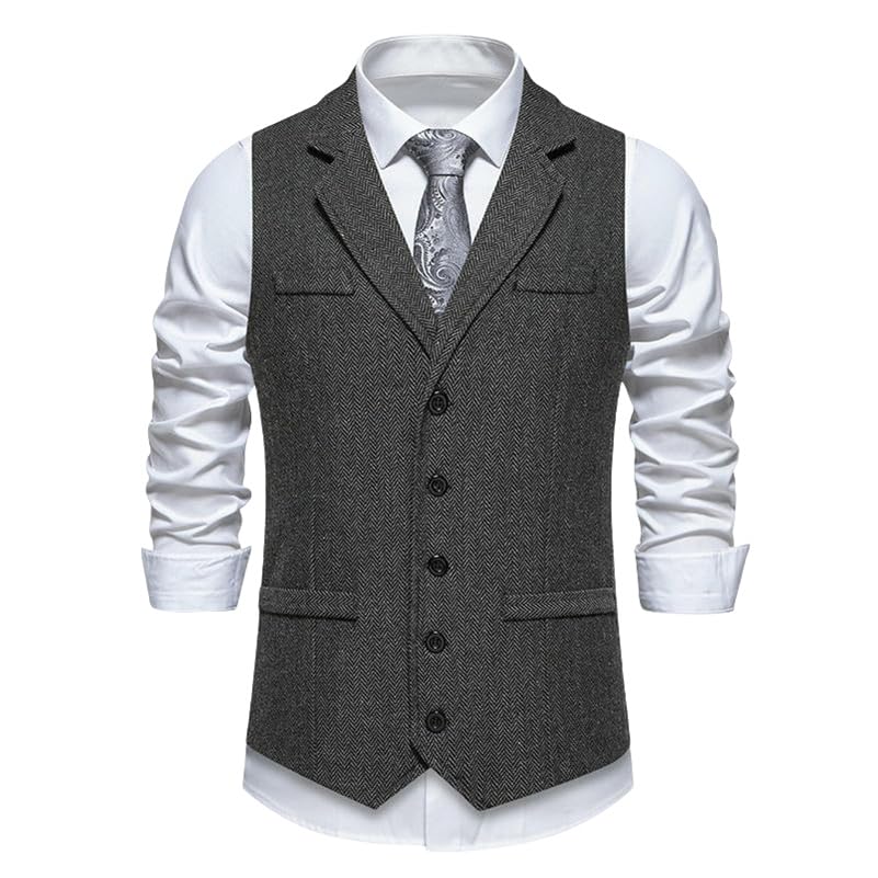 Gilet de costume rétro tweed à chevrons simple boutonnage masculin
