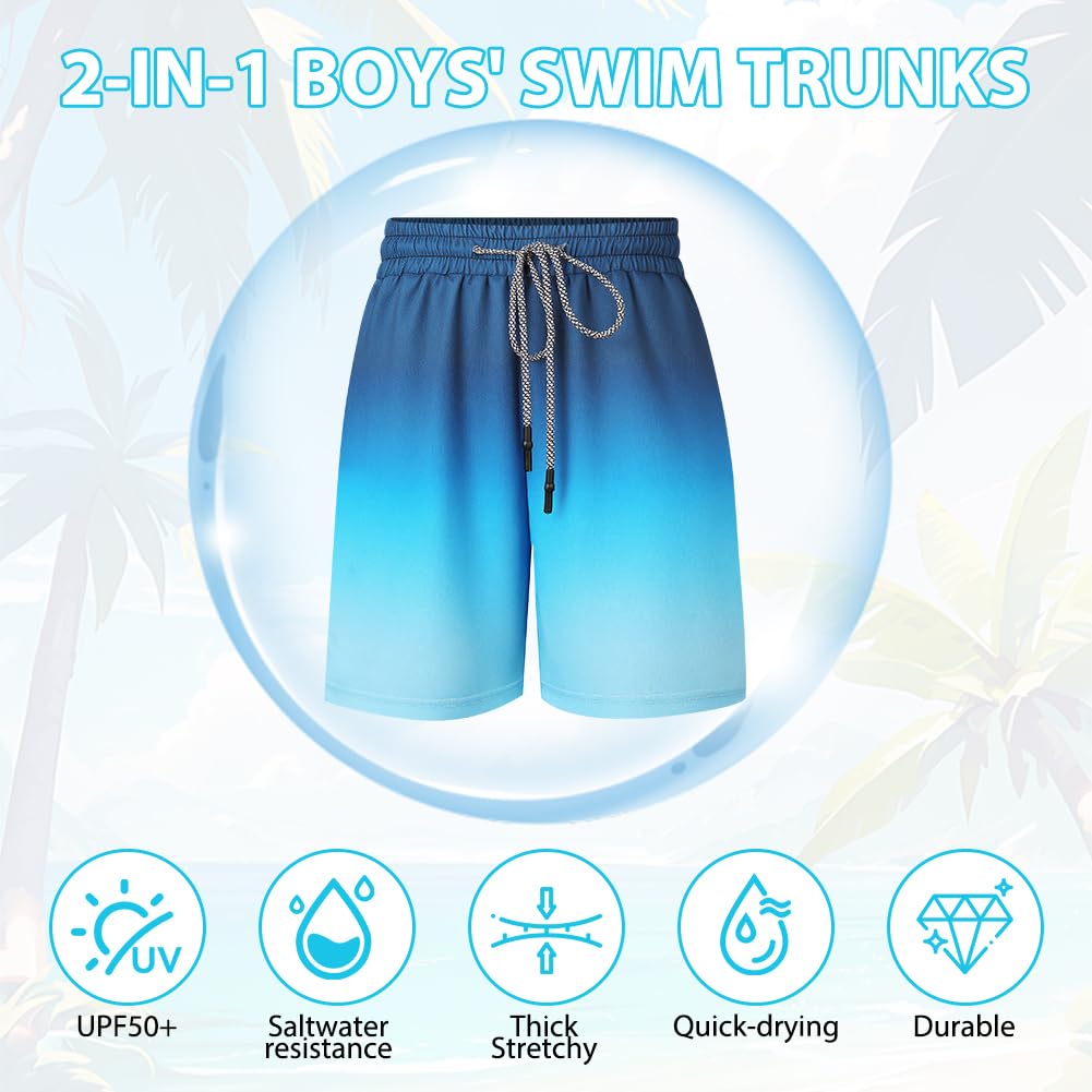 OSDUE Badehose Jungen, Badeshorts Kinder mit Taschen Schnelltrocknend Kurz Schwimmhose 2 in 1 Boardshorts mit Kompression Innenhose Elastischer Bund Verstellbare Tunnelzug Badehosen für 7-14 Jahre