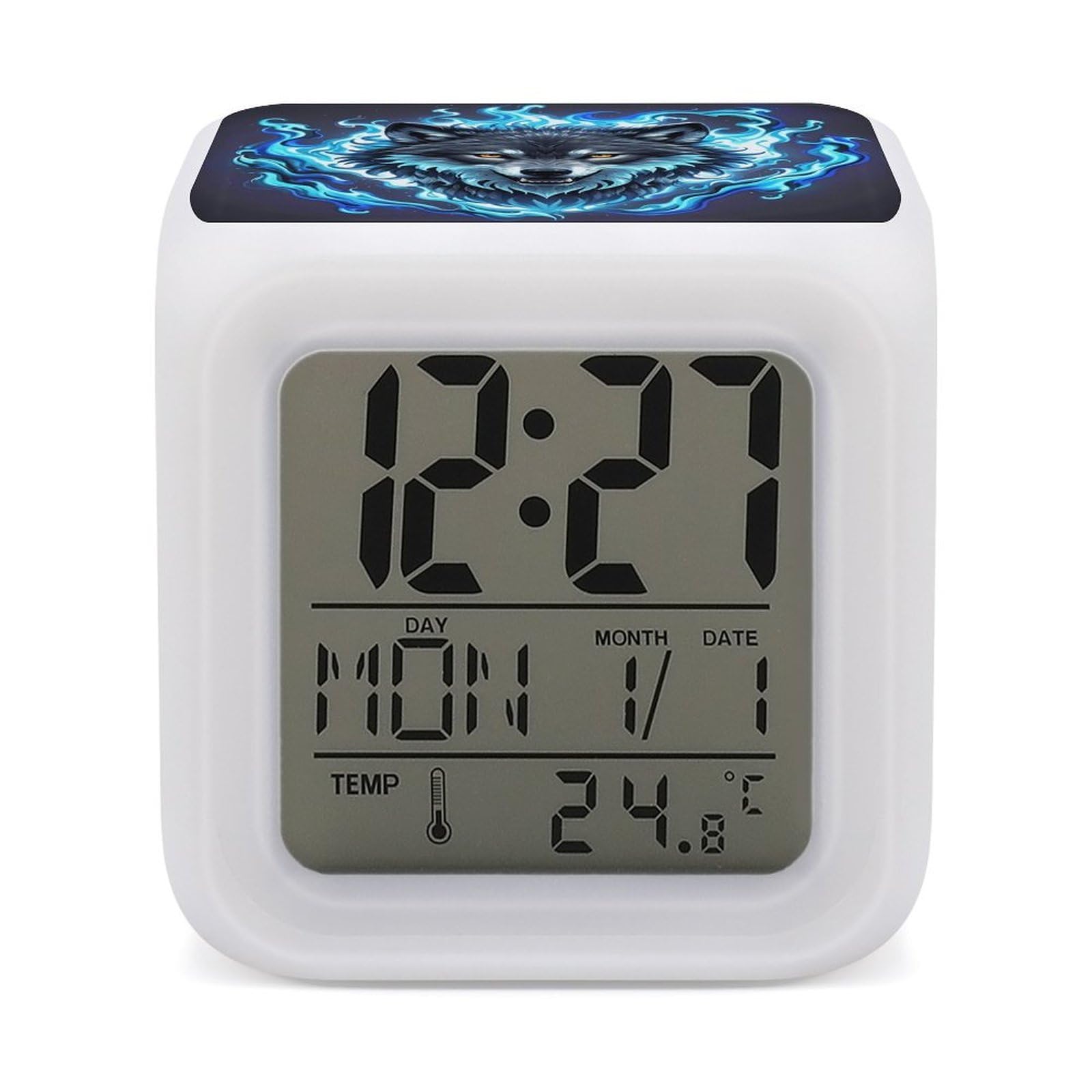 LZQPOEAS Wolf Head in Blue Flames Alarm Clock Desk Clock with 7 Color Changing Night Light Digital Clocks with Temperature Display Sleep Training and Sound Machine for Heavy Sleeper