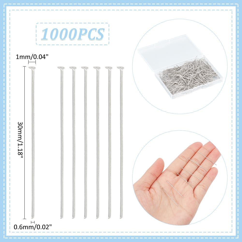 UNICRAFTALE About 1000Pcs Stainless Steel Flat Head Pins 30mm Straight Head Pin Metal Eye Pins Findings End Headpins Findings for Craft Jewelry Making