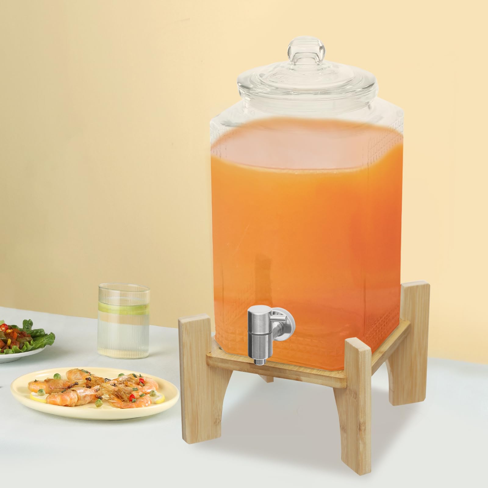 Dispensador de bebidas de cristal de 5 litros con soporte y grifo de acero inoxidable, dispensador de agua de cristal con grifo para cócteles, zumo, agua, bebidas