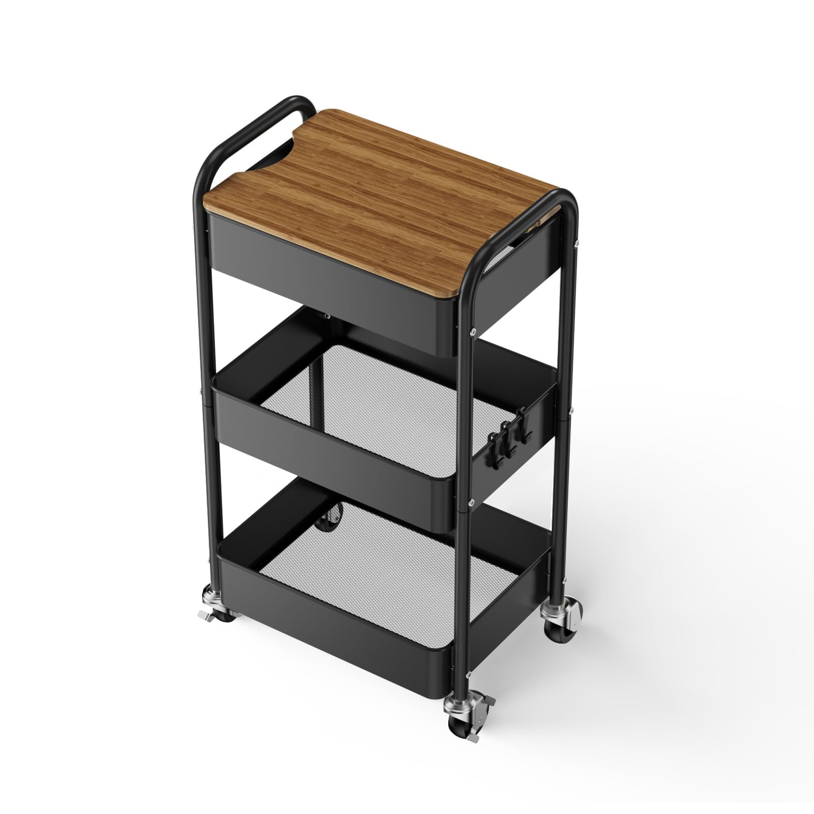 Carrito con Ruedas de 3 Niveles con Mesa, Carrito de Servir, Carrito Multiusos de Metal, Estante con Ruedas, Organizador, Estante de Cocina, Carrito Multiusos Estable para Cocina(Negro)