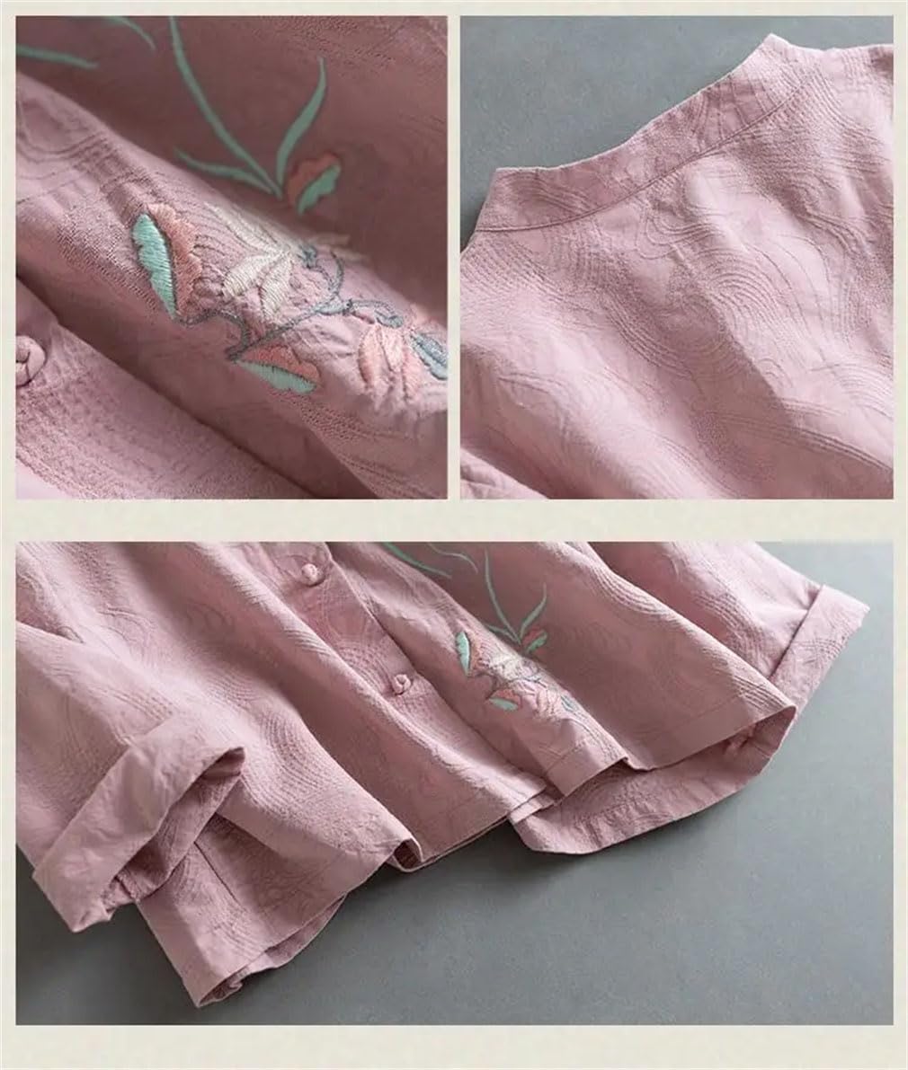 Style chinois brodé coton lin chemises printemps été boutonné manches longues col montant vêtements lâches tops
