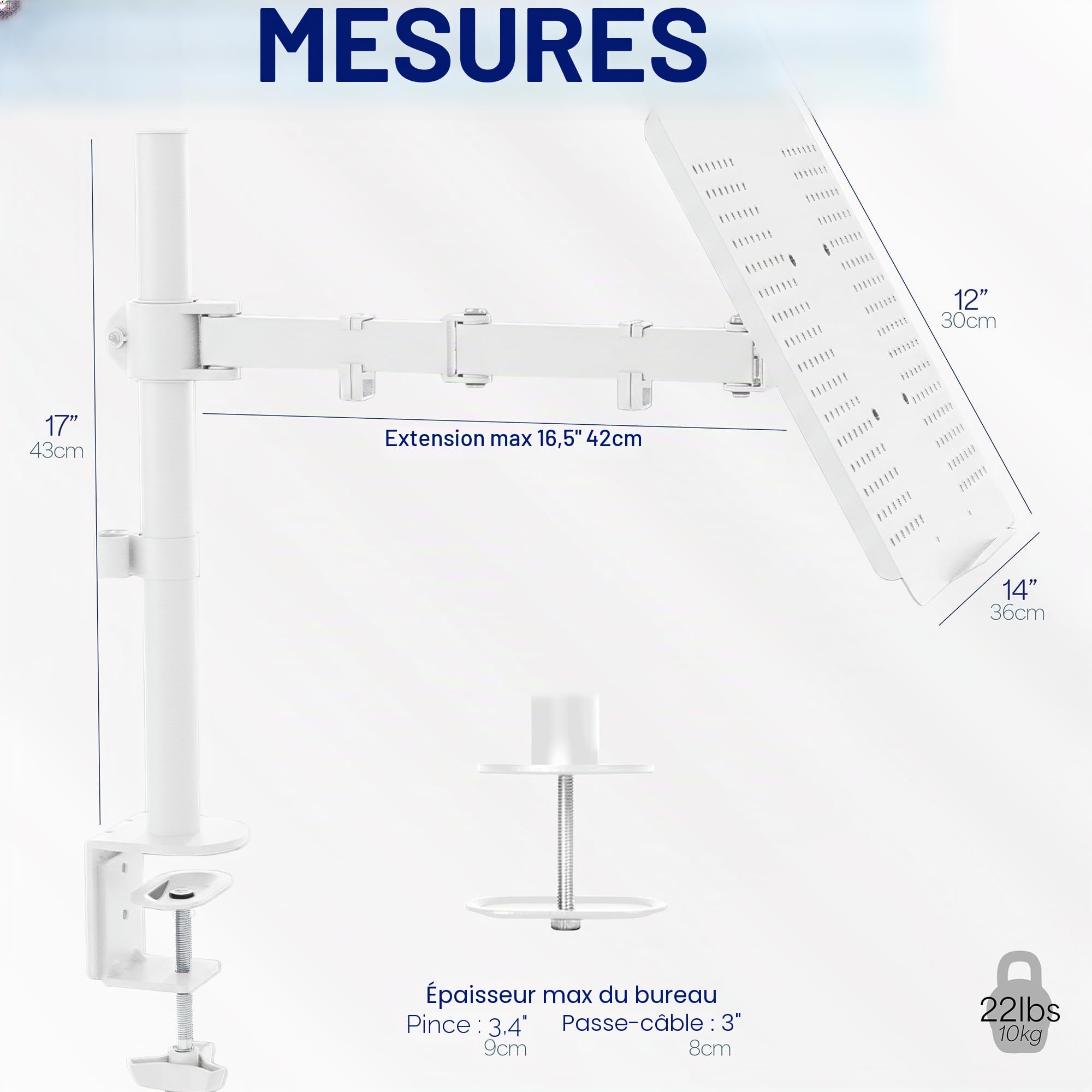VIVO STAND-V001LW Support de Bureau pour Ordinateur Portable, Extension entièrement réglable avec Pince en C, Blanc