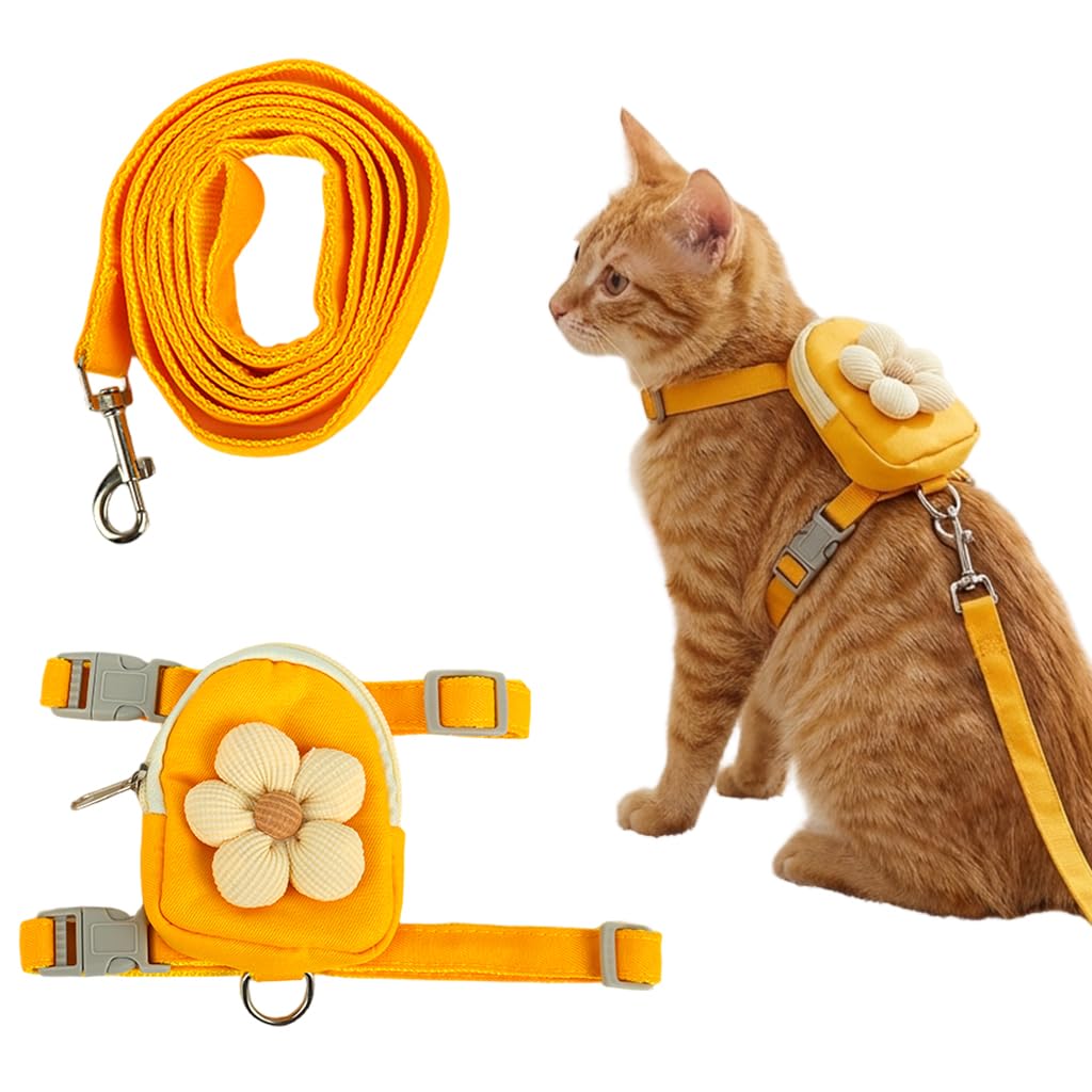 Qpets® Cat Harness with Leash, Adjustable Size Floral Flower Pet Belt Mini Zipper Pouch & Cute Yellow Flower Accent, for 4-10kg Small Dogs Cats (Yellow, (M, Chest 26-42cm, Neck 20-32cm)-image-6