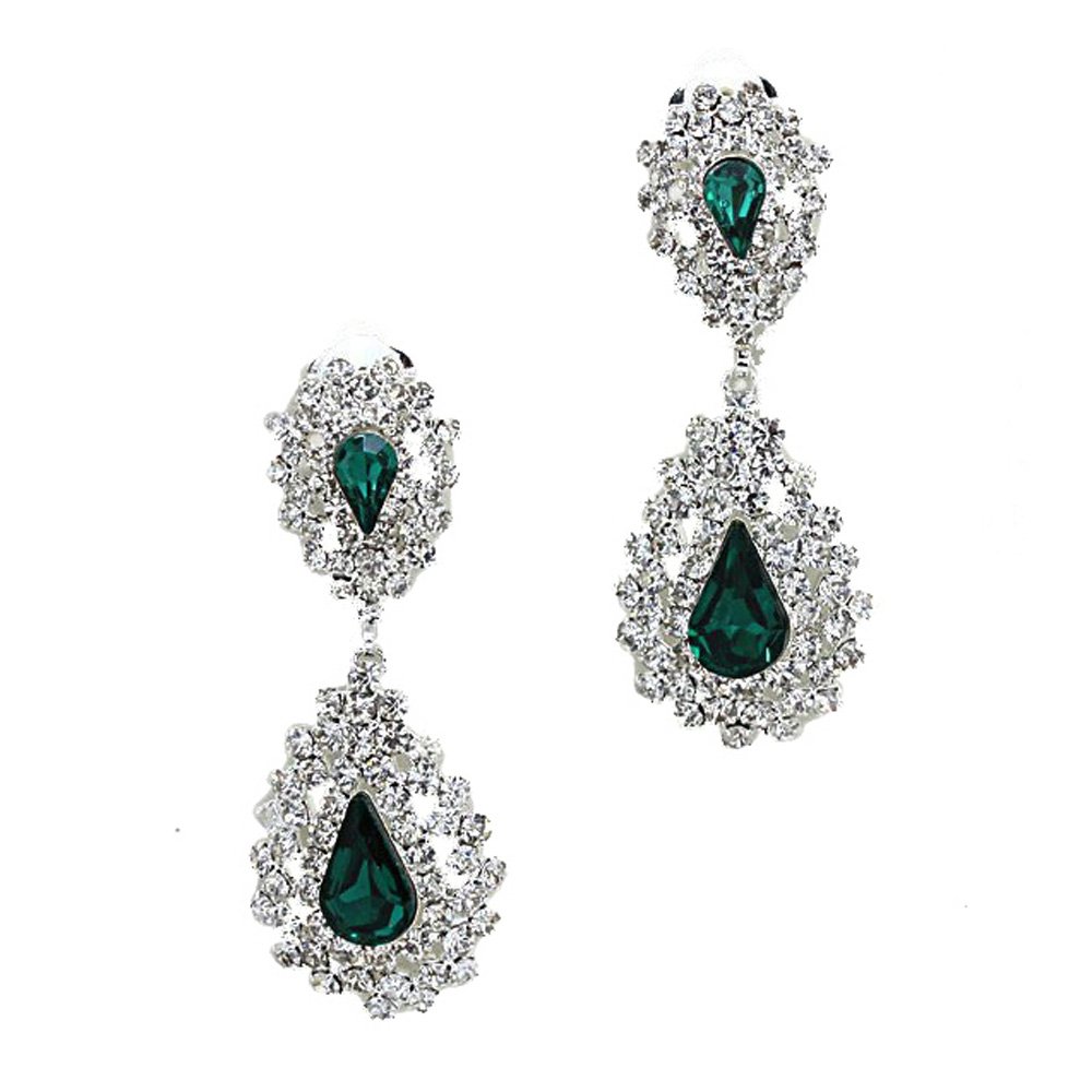 Sparkly emerald green teardrop diamante clip on earrings