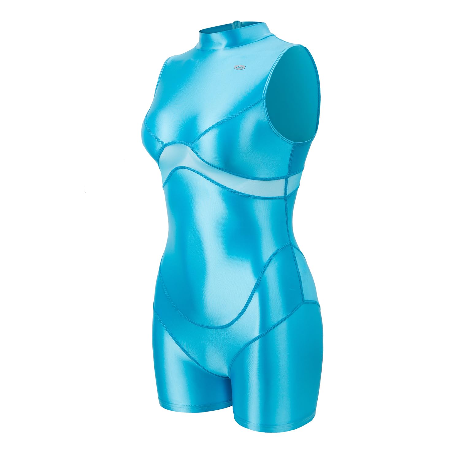 LEOHEX Damen Glänzender Bodysuit Upgrade Seidig Mockneck Mesh-Einsatz Yoga Tanz Gym Rave Badeanzug