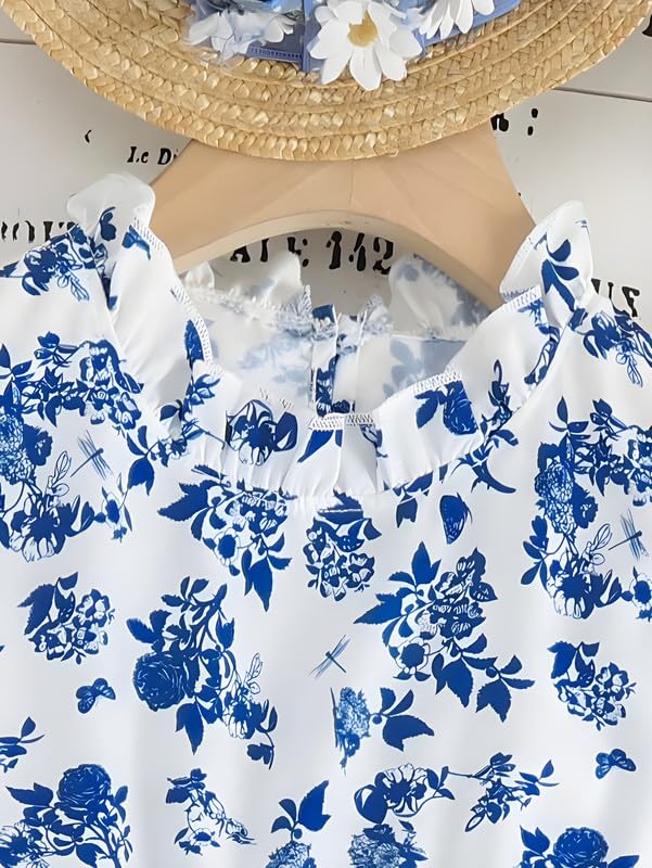 Image of Niren Enterprise Girl's Floral Pattern Rayon Frock Dress with Cap Sleeve Round Neck Knee Length and A-Line Pull On Closure Type