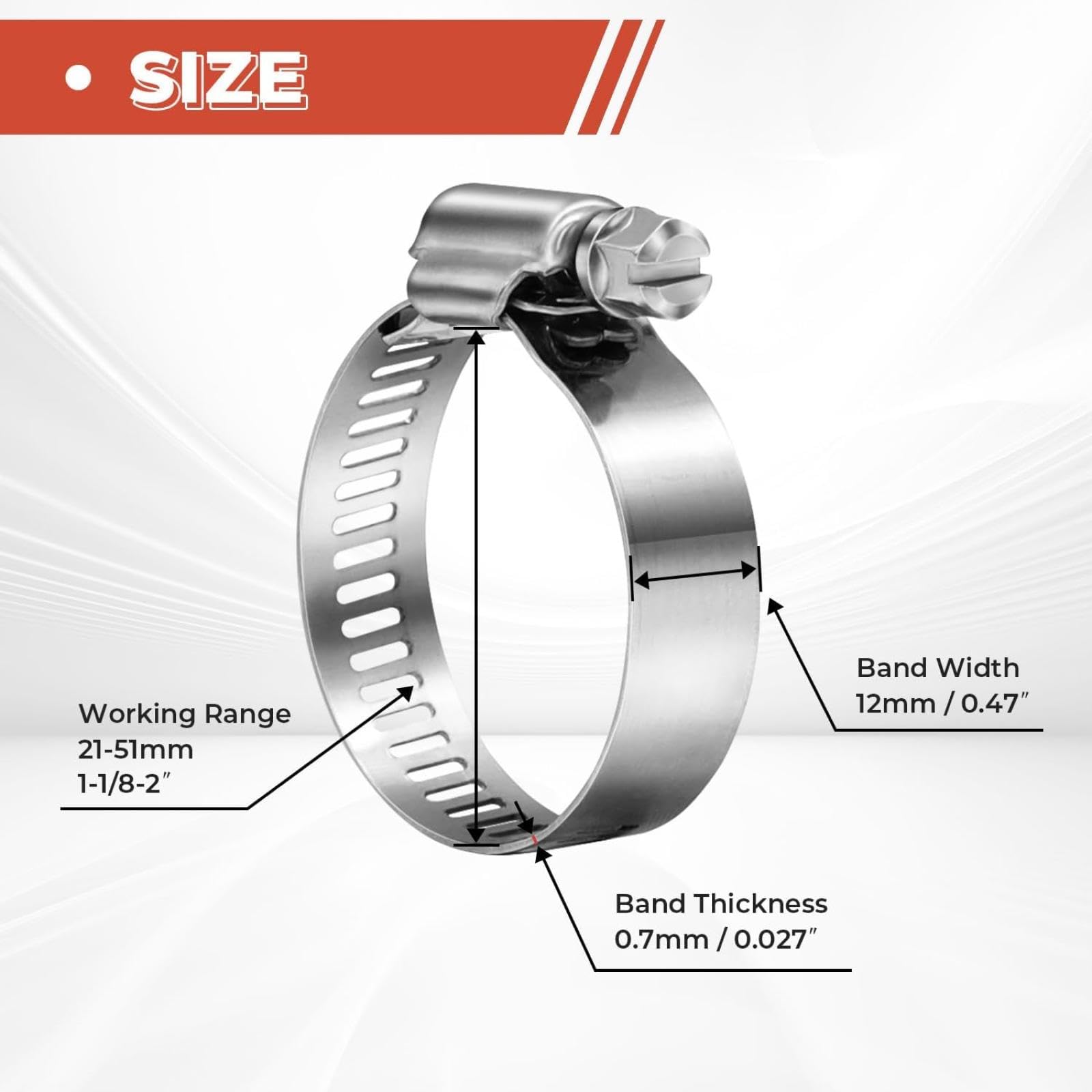 Abrazadera de manguera de acero inoxidable 304, ajustable, de 6 a 51 mm, con engranaje helicoidal, de metal, para tuberías de combustible, fontanería y automoción (20 unidades, 16 a 25 mm)