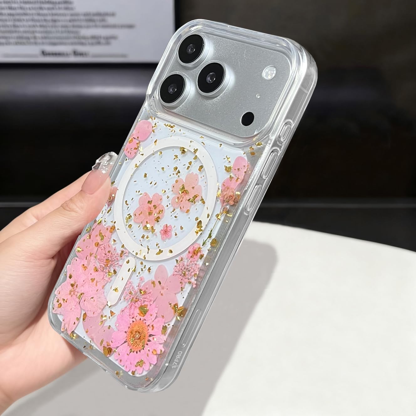 Magnetic for iPhone 17 Pro Max Case Compatible with MagSafe Clear Real Pressed Flower Design Glitter Cute Grily Women Aesthetic Stylish Shockproof Protective Phone Cover (Dried Pink Floral)