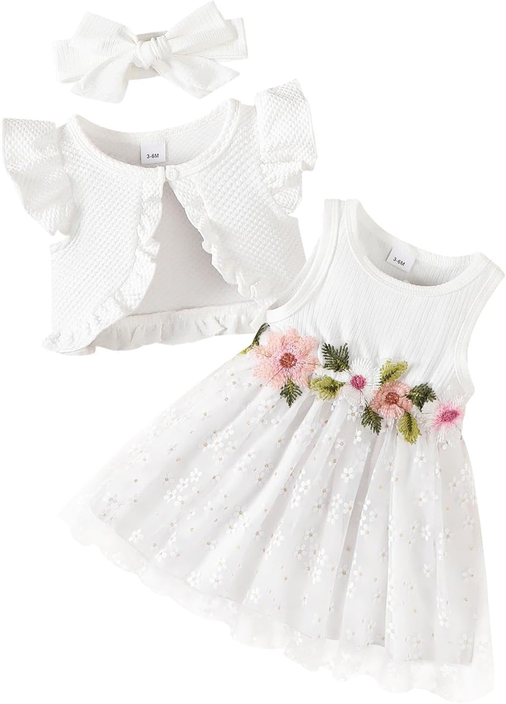 Renotemy Newborn Baby Girl Baptism Tutu Dress White Flower Tulle Sleeveless Dresses with Ruffle Sleeveless Cardigan Set Boho Summer Birthday Party Princess Wedding Dress for Baby Girl 3-6 Month