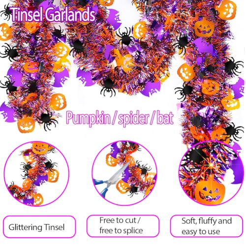 Image of 66 Ft Halloween Tinsel Garland with Orange Pumpkin Black Spider Purple Bat Glitter Tinsel Garland for Home Tree Ornaments Indoor Outdoor Party Halloween Decorations