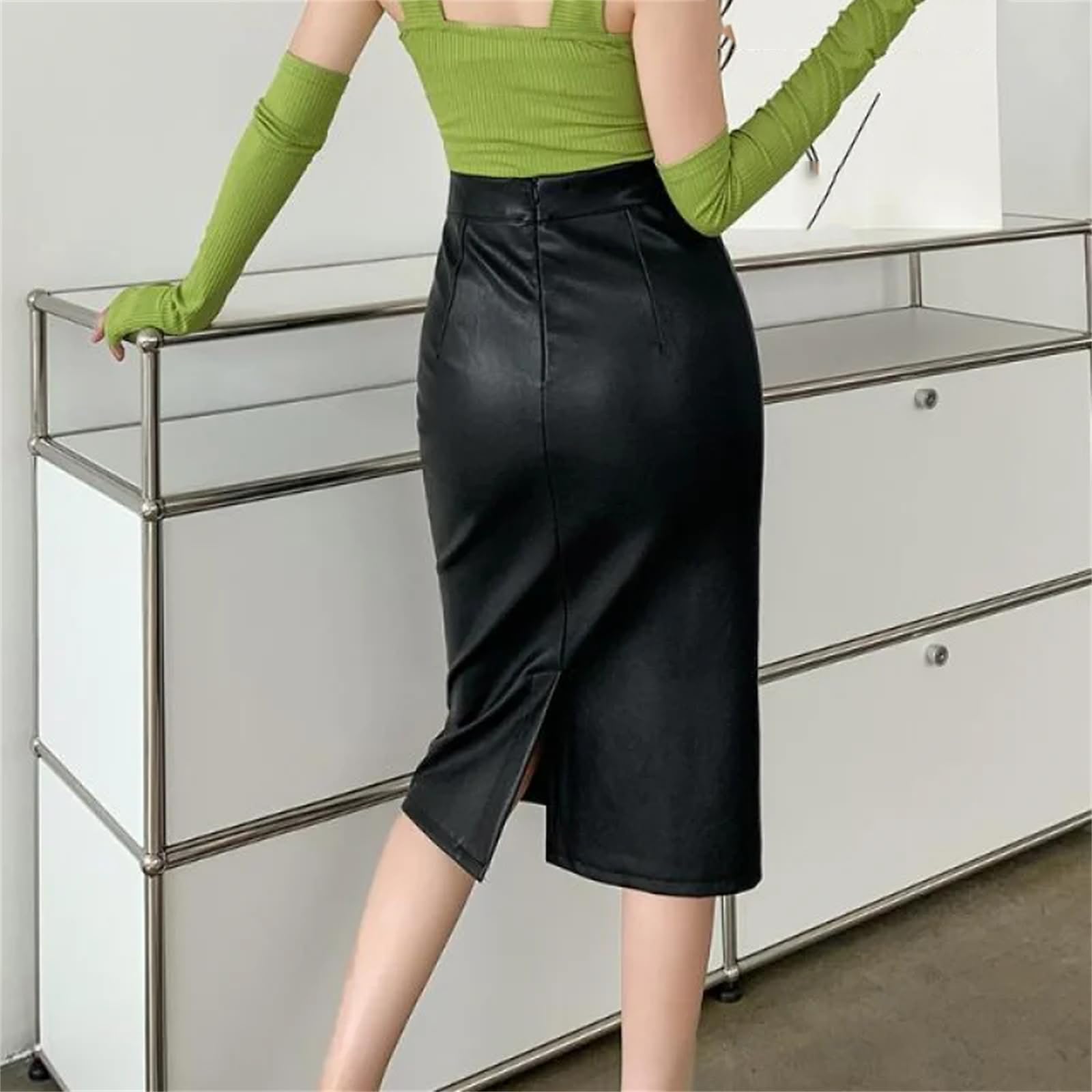 Nero Faux PU Donne Wrap Gonne Vita Alta Midi Gonna Signore Sottile Tubino Gonne