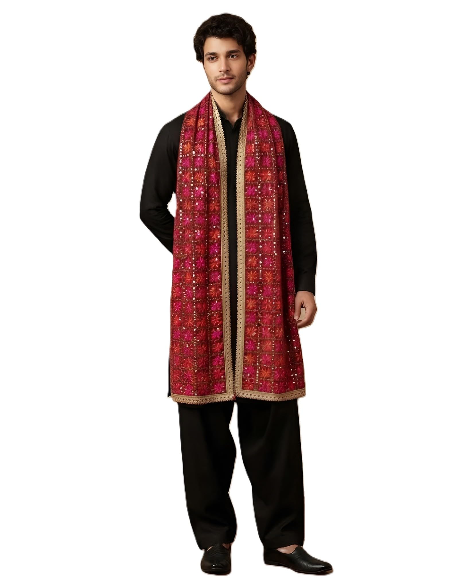 muffly Chinon Phulkari Embroidered Men Dupatta with Mirror Detailing & Tassel Border-picture-13