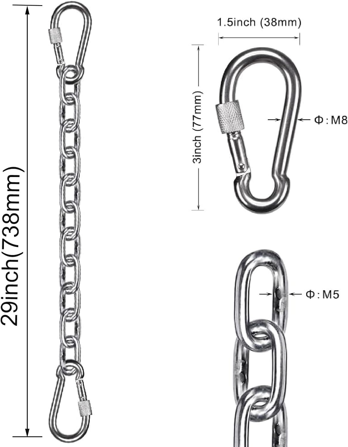BeneLabel 1Pcs 29 inch Stainless Steel Hanging Chair Chain Kit with 2 Carabiners - 1000 LB Capacity - Adjustable Length - Indoor & Outdoor Use - for Hammock, Swing, Punching Bag & More
