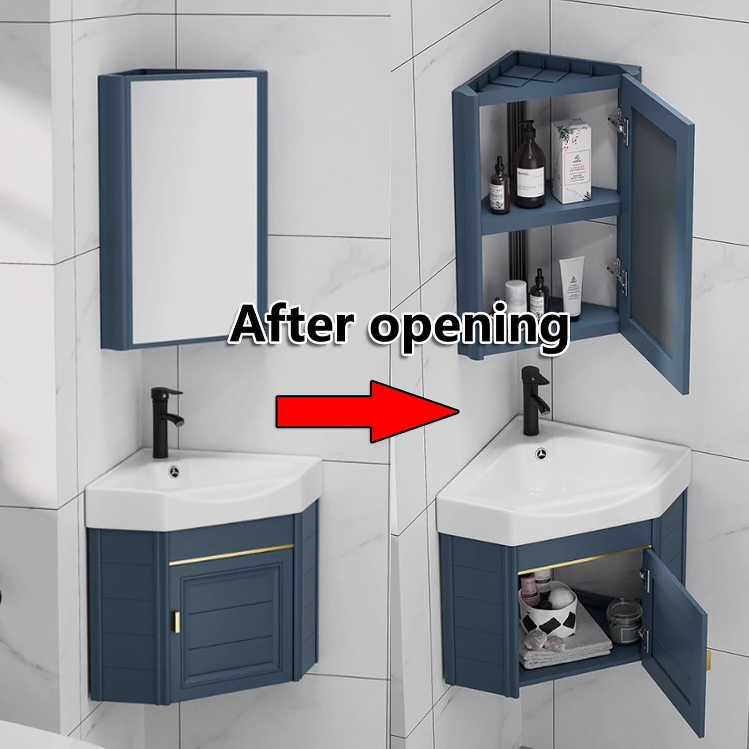 Corner Bathroom Sink - Floating Vanity with Cabinet, Wall Mount Sink Combo, Compact Design for Small Spaces, Includes Faucet and Drain