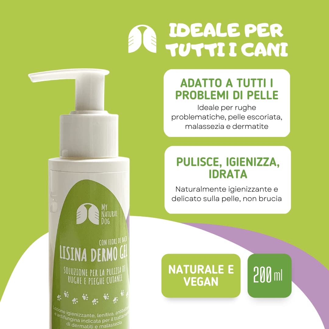 LISINA DERMO Gel - Pulizia delle Rughe e delle Pieghe cutanee del Cane - Utile in Caso di dermatite atopica e malassezia-Formula Naturale Human Grade con Oli Essenziali e Fiori di Bach