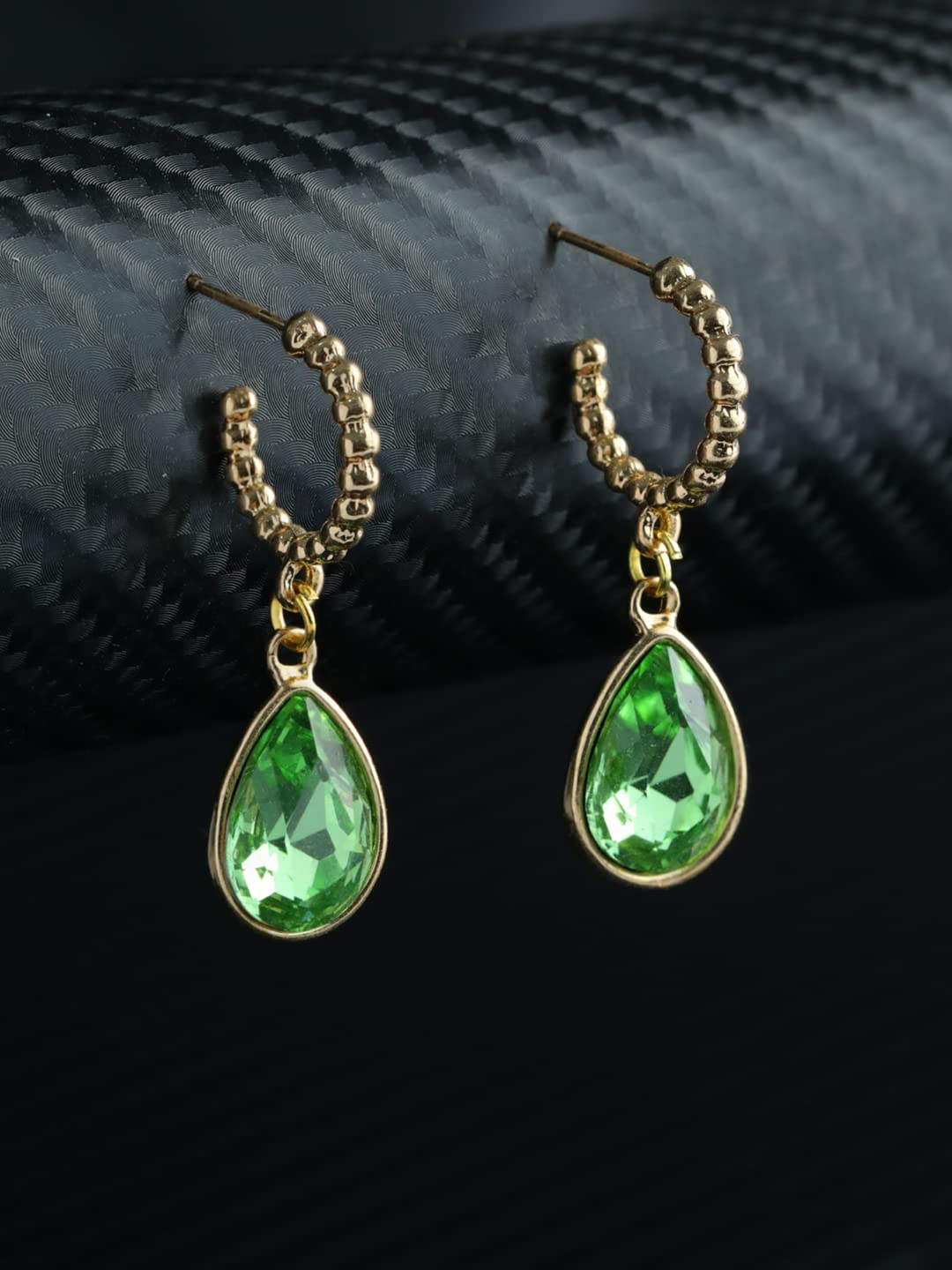 Brass Plated Green Stone Tear Shaped Drop Earrings