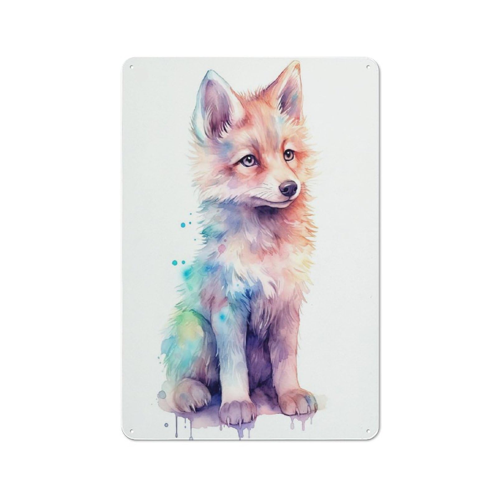 Junmoney Style-10 Metal Wall Sign 30X20cm Featuring Cute Watercolor Baby Wolf For Bar Or Restaurant, For Themed Interiors In Bars And Restaurants