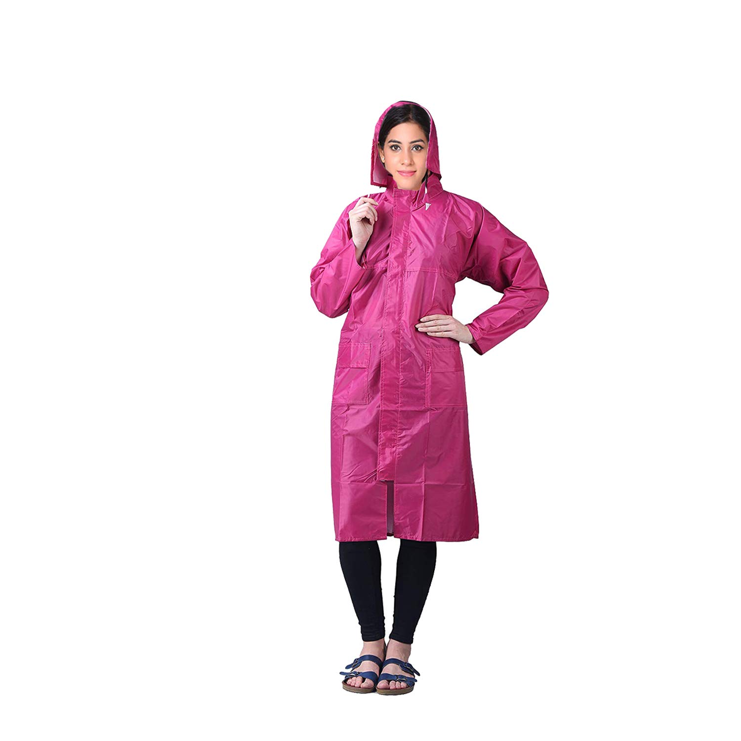 Women's PVC Hooded Rain Coat, Overcoat with Hidden Collar Pocket for Cap (Pink)-image-40