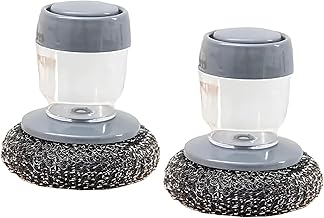 Kitchen Soap Dispensing Palm Brush | Dishwashing Scrubber with Built-in Soap Dispenser | Replaceable Scrubber Head & Stainless Steel Wire Ball(Pack of 2)