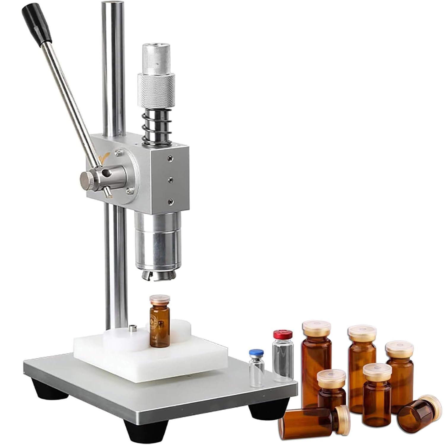 Máquina taponadora para viales, máquina prensadora manual, altura ajustable, 10-30 botellas por minuto, ideal para alimentos, embalaje y aplicaciones químicas