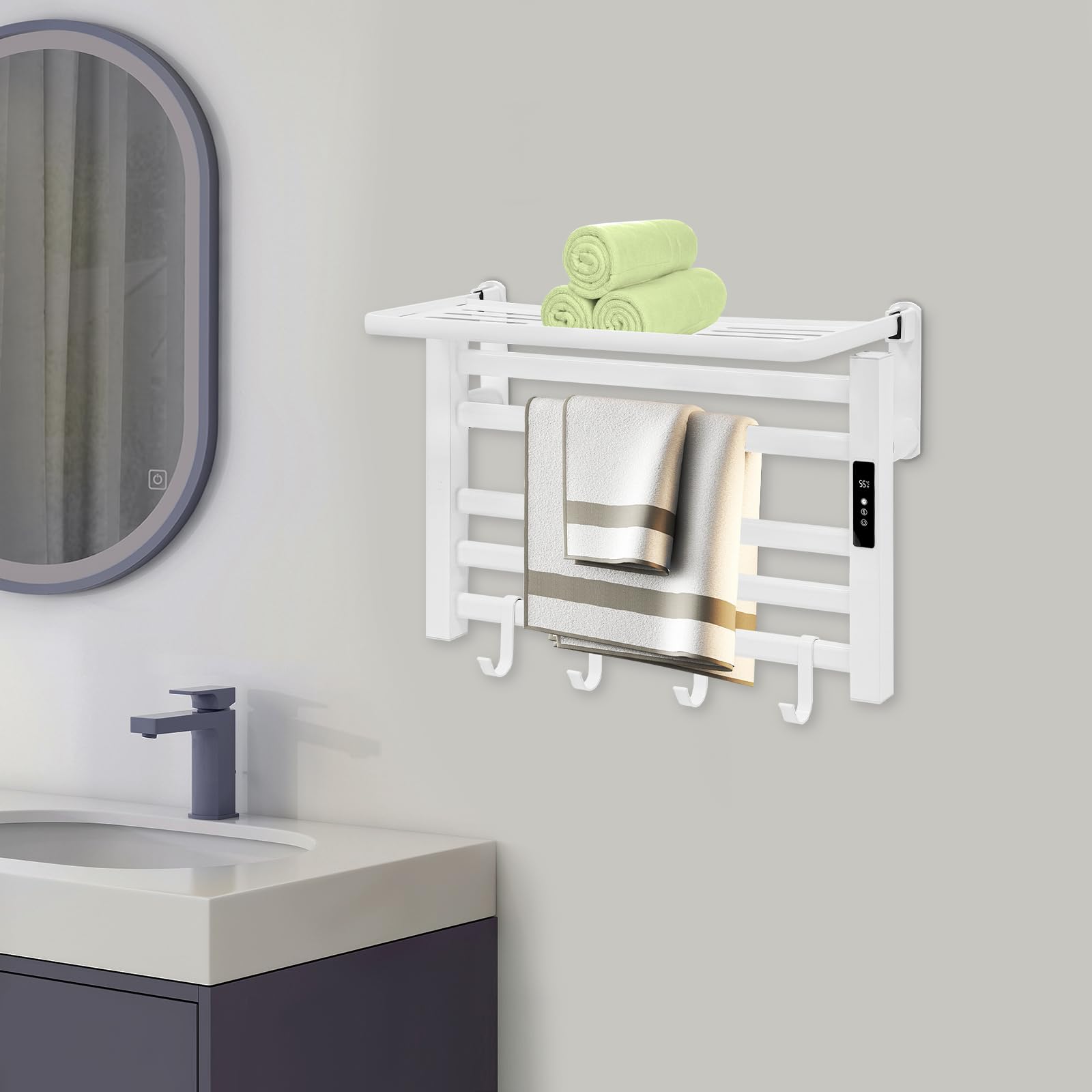 Scaldasalviette a LED, 95 W, 30 – 70 °C, controllo della temperatura, 55 x 40 x 22 cm, portasciugamani elettrico per appartamenti, bagni, balconi, hotel, ville (bianco)