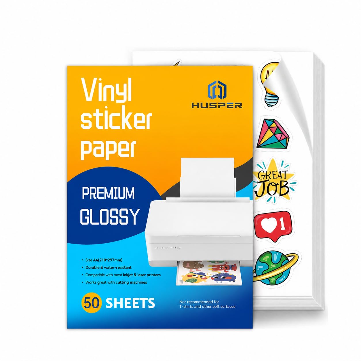 HUSPER Premium Printable Vinyl Sticker Paper for Inkjet Printer - A4 50 Sheets High Glossy White Waterproof, Dries Quickly Vivid Colors, Holds Ink Well- Tear Resistant