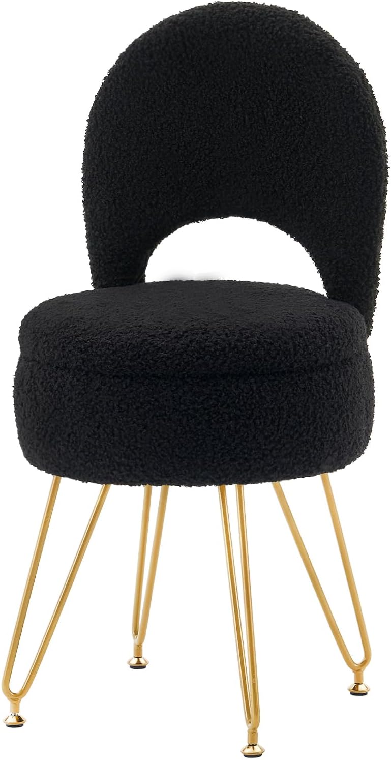 Storage Ottoman Vanity Stool Chair with Folding Back Teddy Velvet Makeup Chair Multifunctional Upholstered Footstool,4 Metal Legs with Anti-Slip Feet for Bedroom Living Room Entryway Small Black